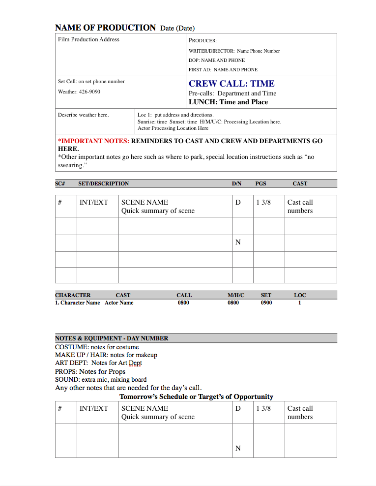 Call Sheet Template 2 Pop