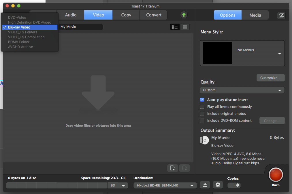 Burning a Blu ray in Toast Titanium or Compressor 2 Pop